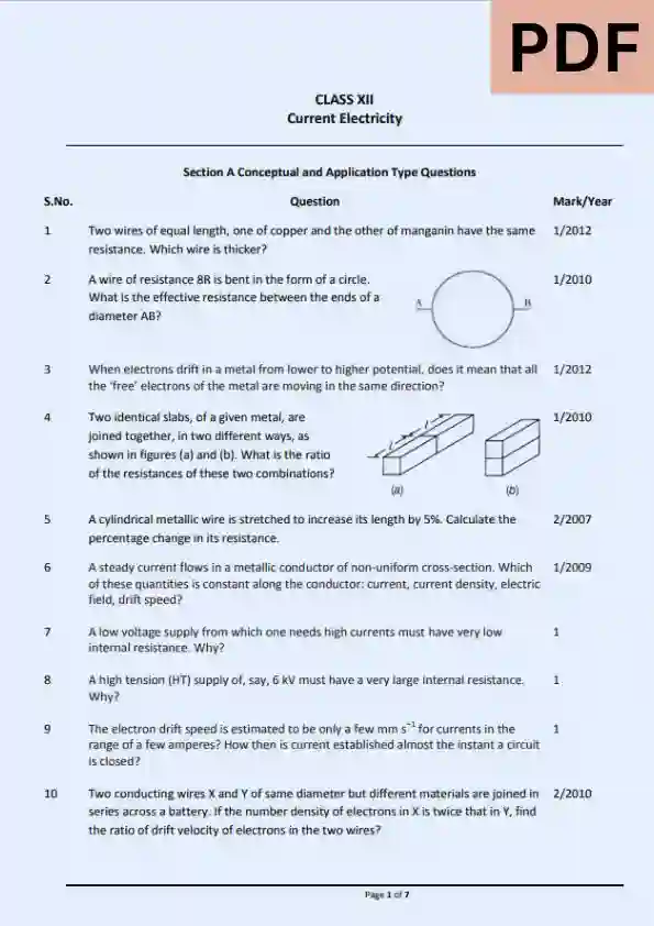 CBSE Class 12 Physics Current Electricity Worksheet