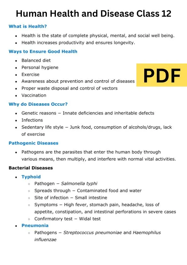 Human Health and Disease Class 12 Notes